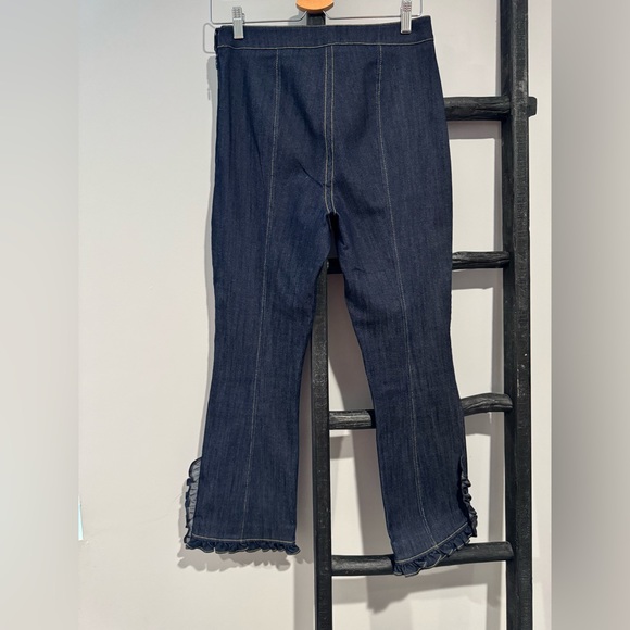 Cinq a Sept Flare Dark Wash Blue Wide Leg Jeans with Ruffle Hem Detail size 8 - Picture 3 of 8